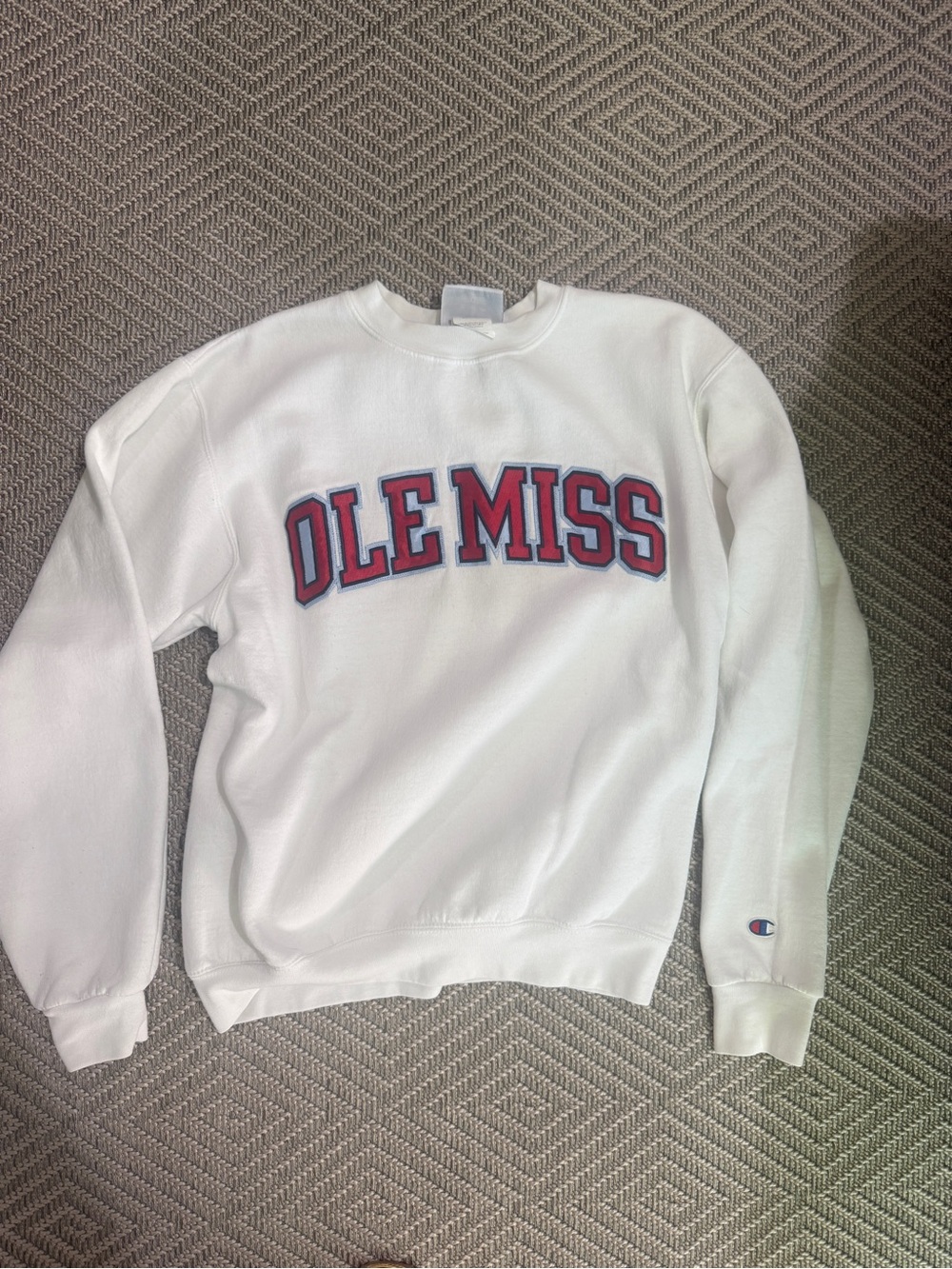 Champion White Crewneck with Blue Logo Accent